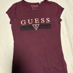 Guess Women's Burgundy Logo Tee with Black Stripes
